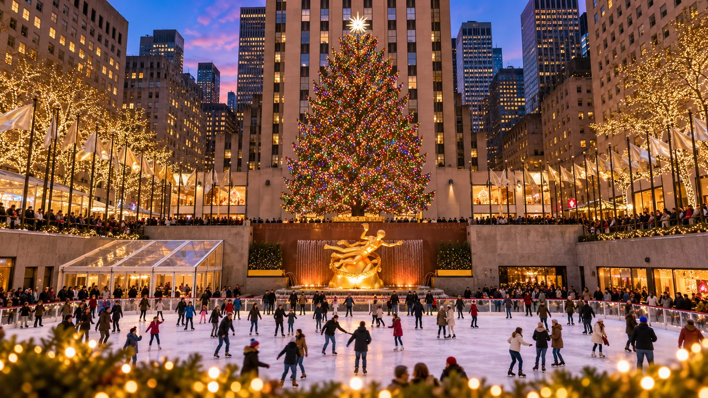 Rockefeller Center holiday ice rink at twilight in New York City