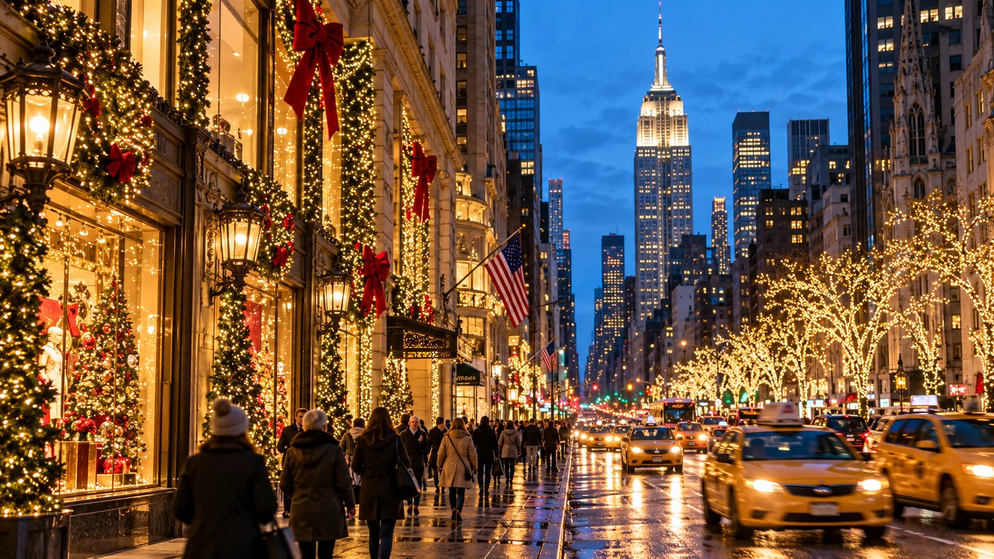 Festive Fifth Avenue holiday lights at twilight in New York City