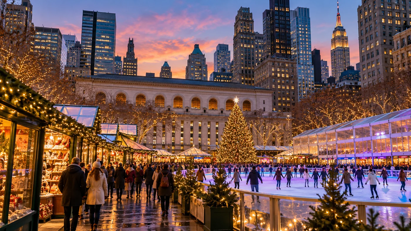 Bryant Park style winter village with holiday market and ice rink at twilight