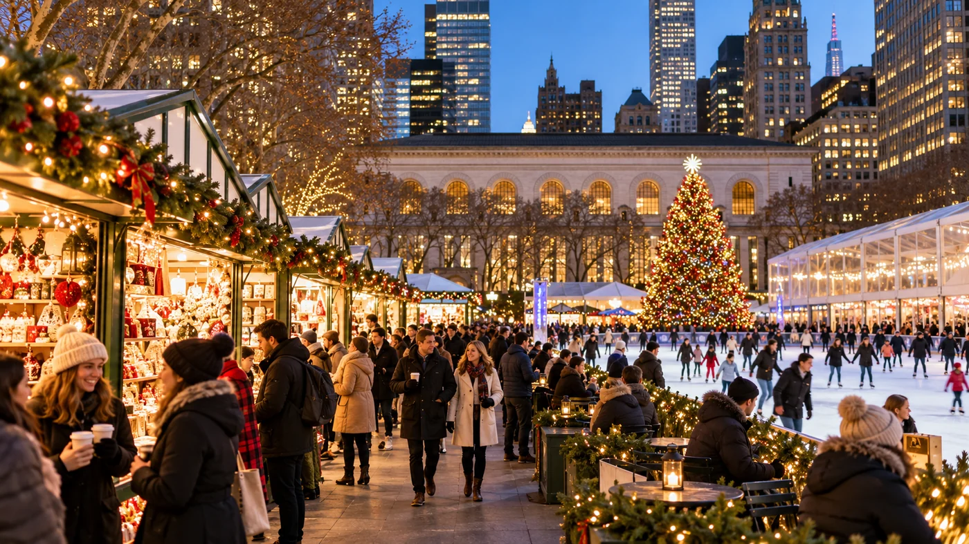 Holiday market and ice rink in New York City during the Christmas season