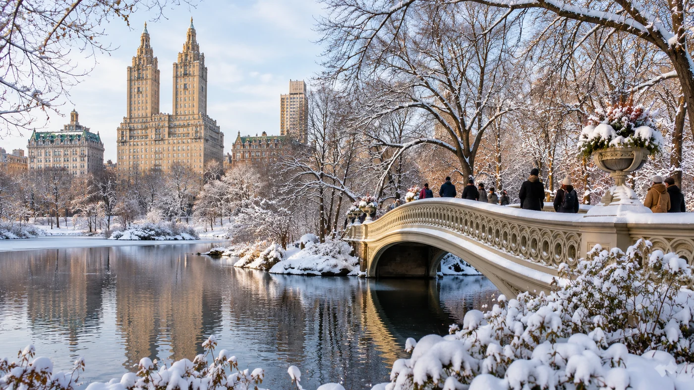 Snowy bridge in a winter park with the New York City skyline beyond