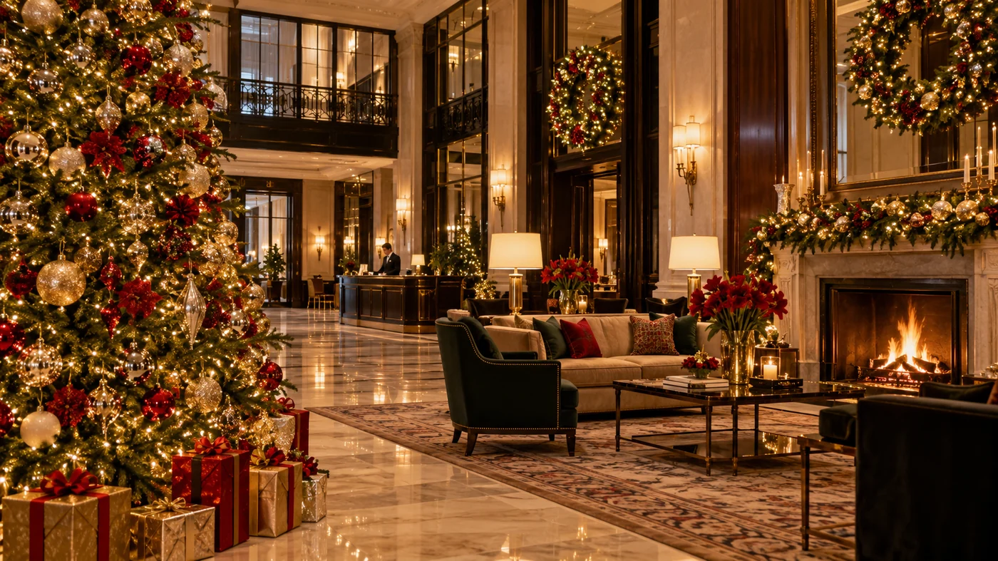 Luxurious Christmas hotel lobby in Manhattan