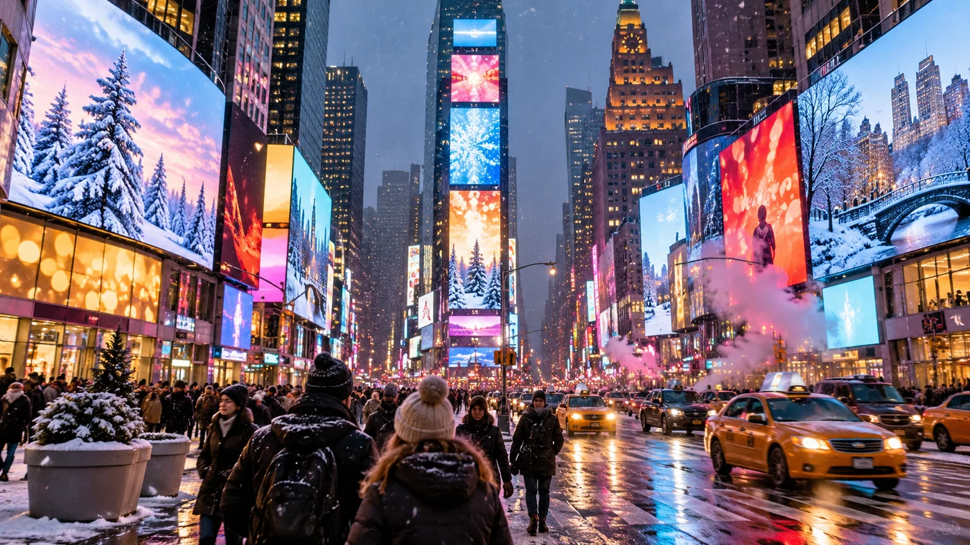 Snowy Times Square at dusk with theater-district style lights