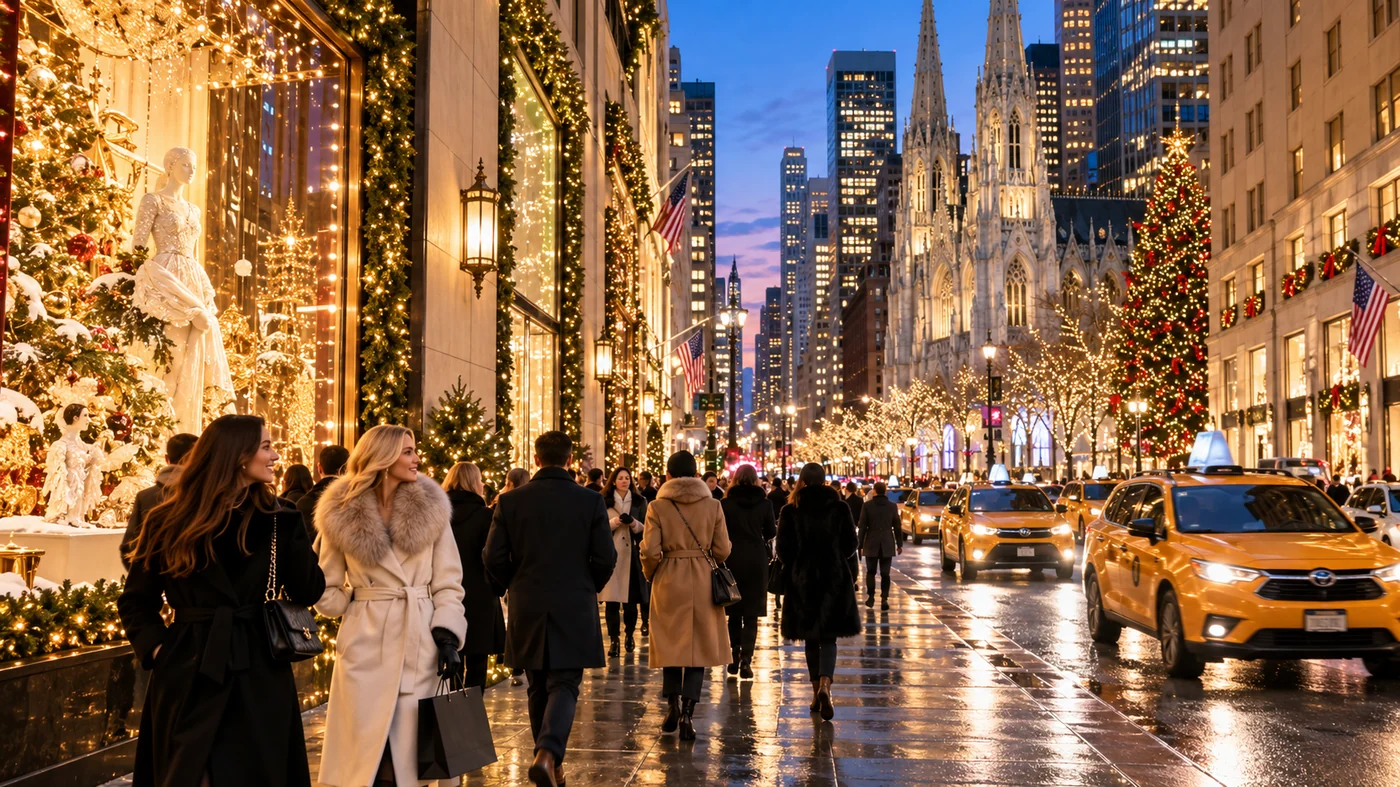 Holiday lights along a New York City street at dusk