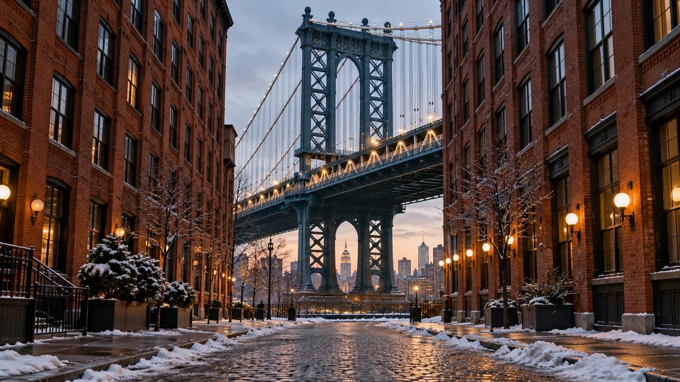 Winter street scene in DUMBO beneath the Manhattan Bridge