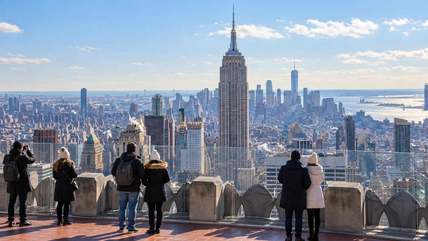 Winter Manhattan skyline from an observation deck