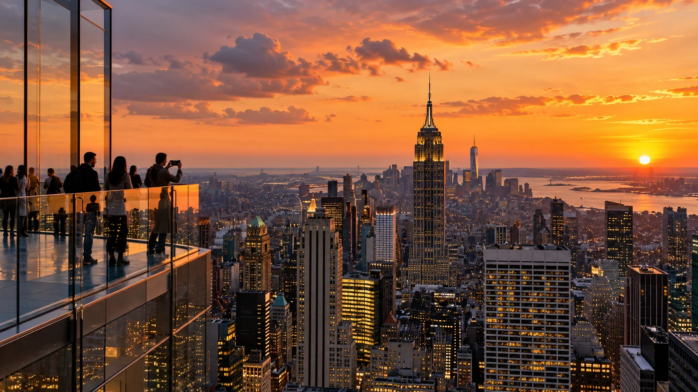 New York City skyline at sunset from a high vantage point