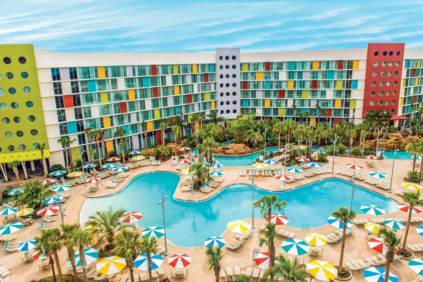 Universal's Cabana Bay Beach Resort pool and hotel buildings