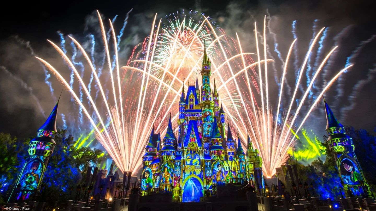 Fireworks rising above illuminated Cinderella Castle