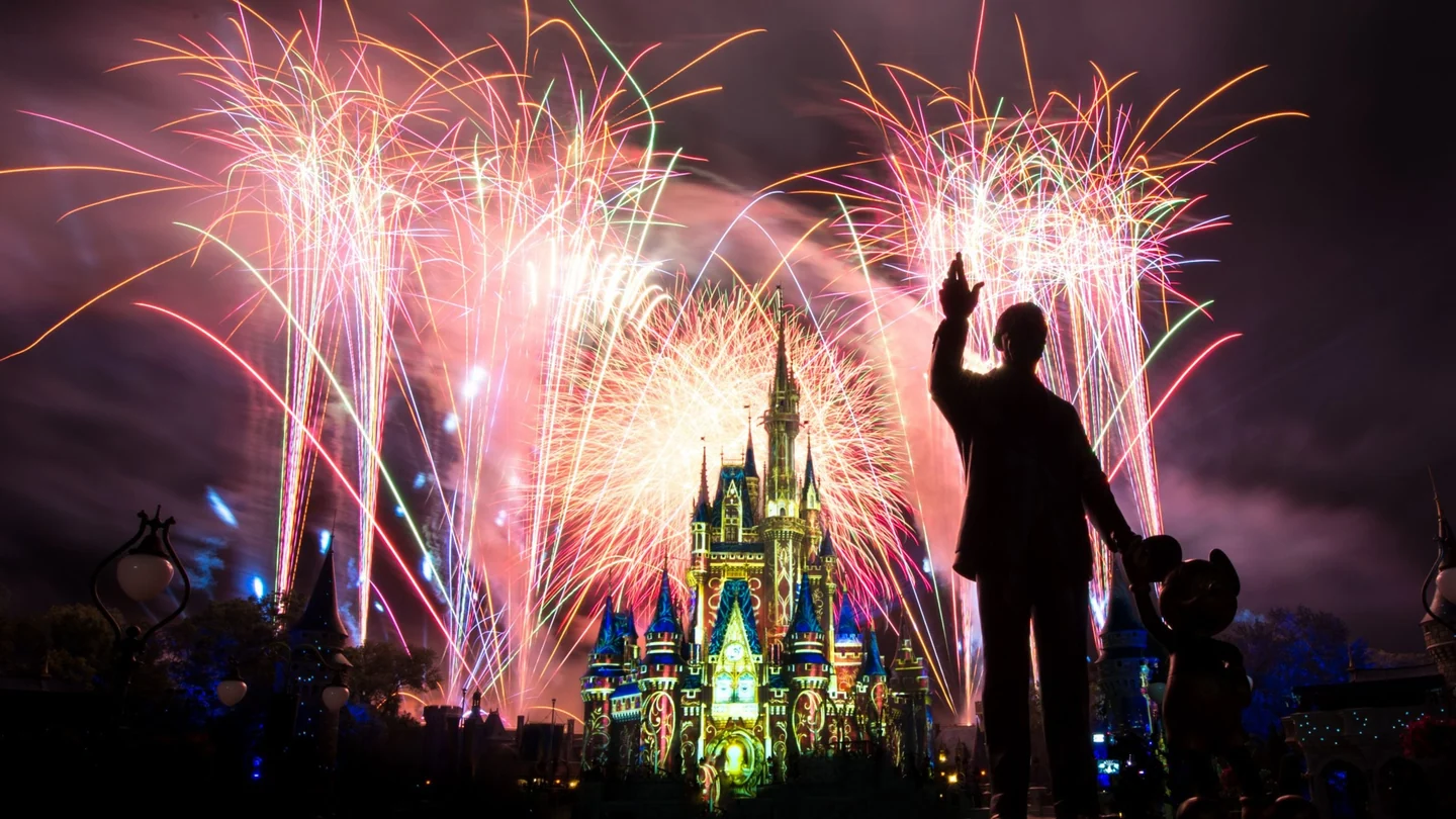 Visitors watching fireworks above Cinderella Castle