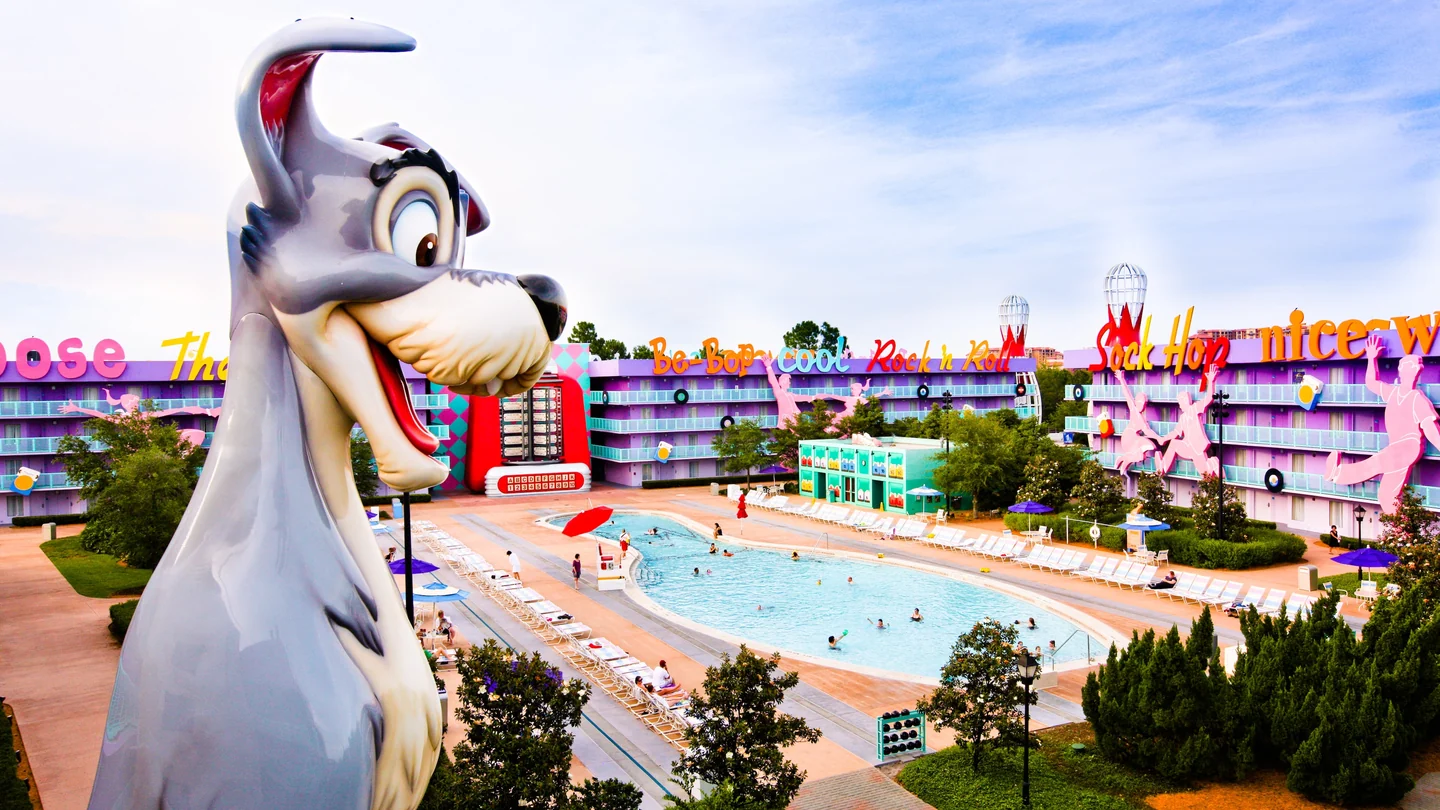 Disney's Pop Century Resort with themed buildings and pool areas