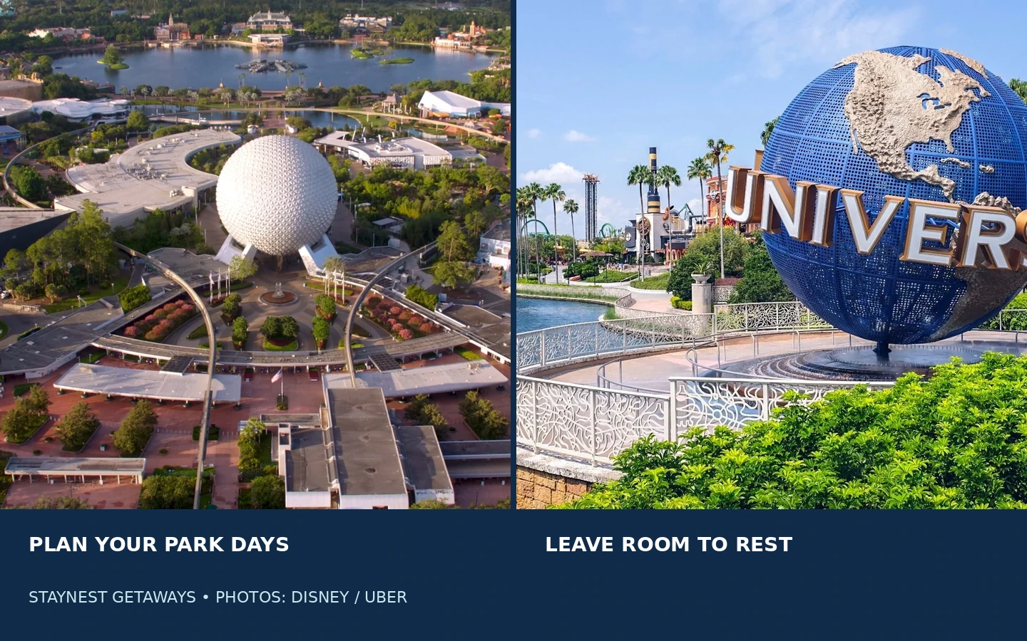 Editorial montage of EPCOT and the Universal Orlando globe