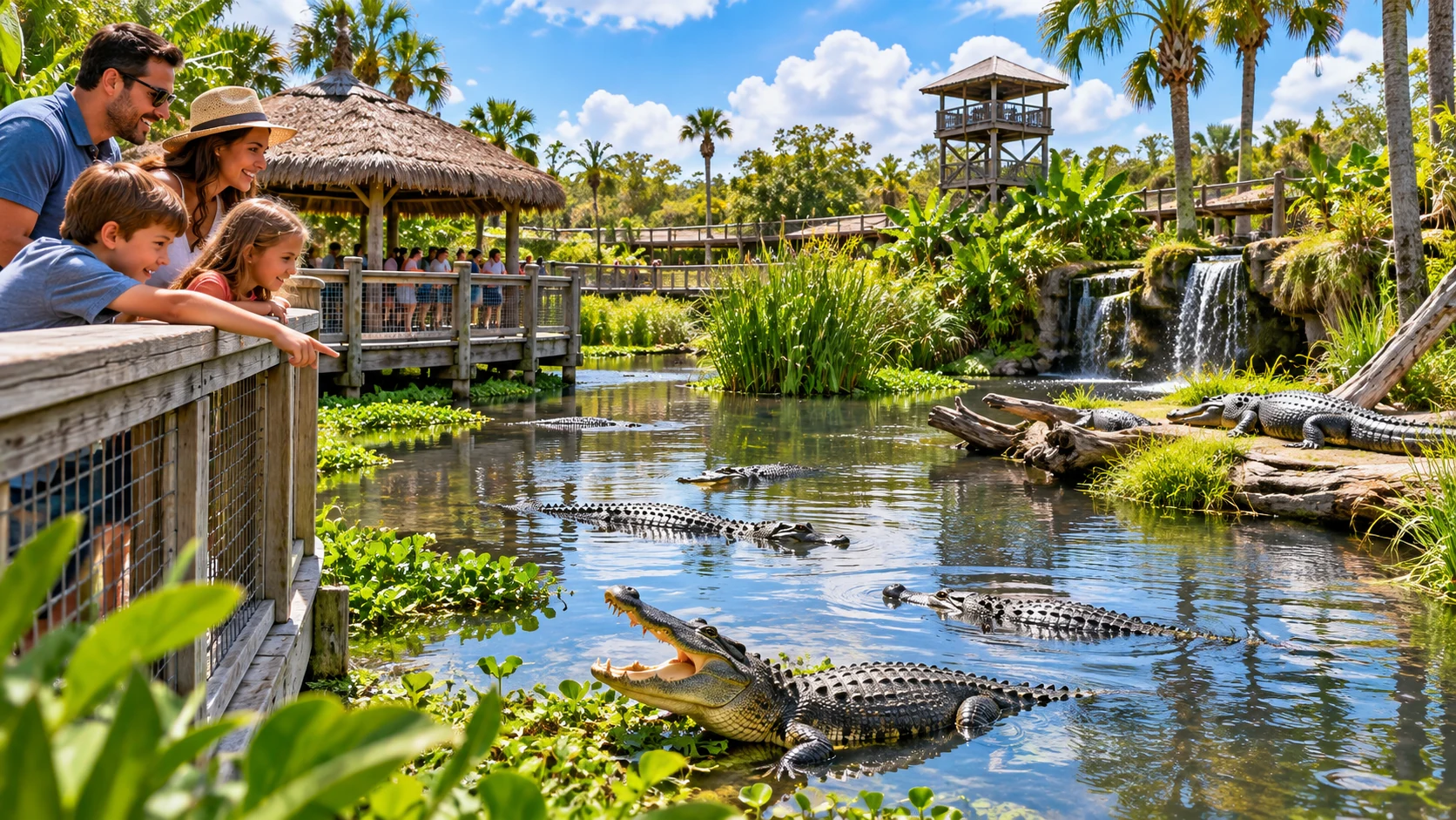 Family exploring a Florida-style alligator wetlands boardwalk. Editorial travel image — representative, not an official venue photograph.
