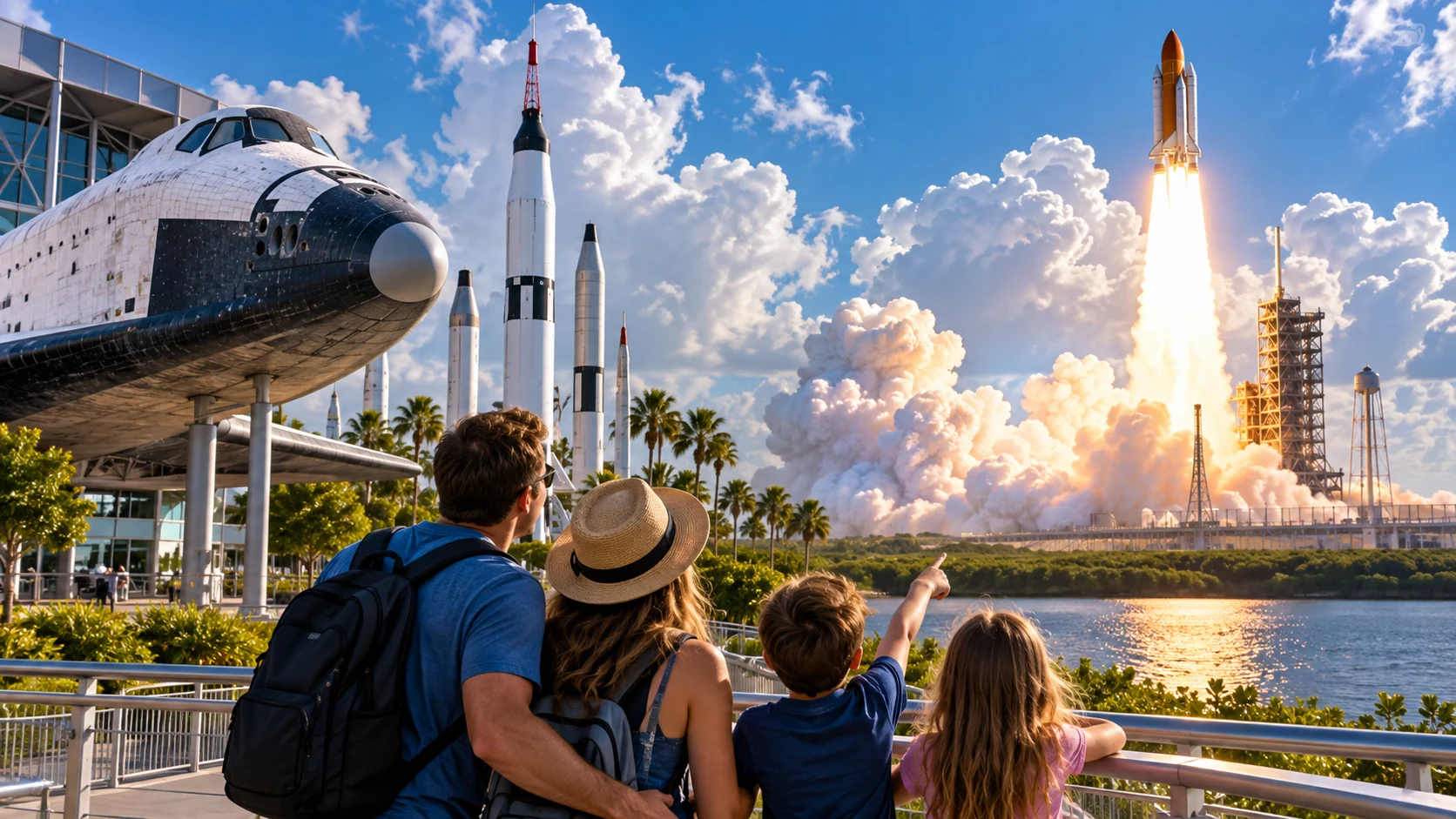 Family watching a rocket launch near a space center exhibit. Editorial travel image — representative, not an official NASA photo.