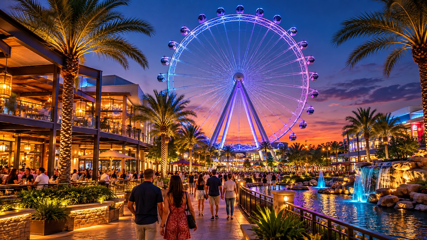 Observation wheel and entertainment promenade at dusk. Editorial travel image — representative, not an official venue photograph.
