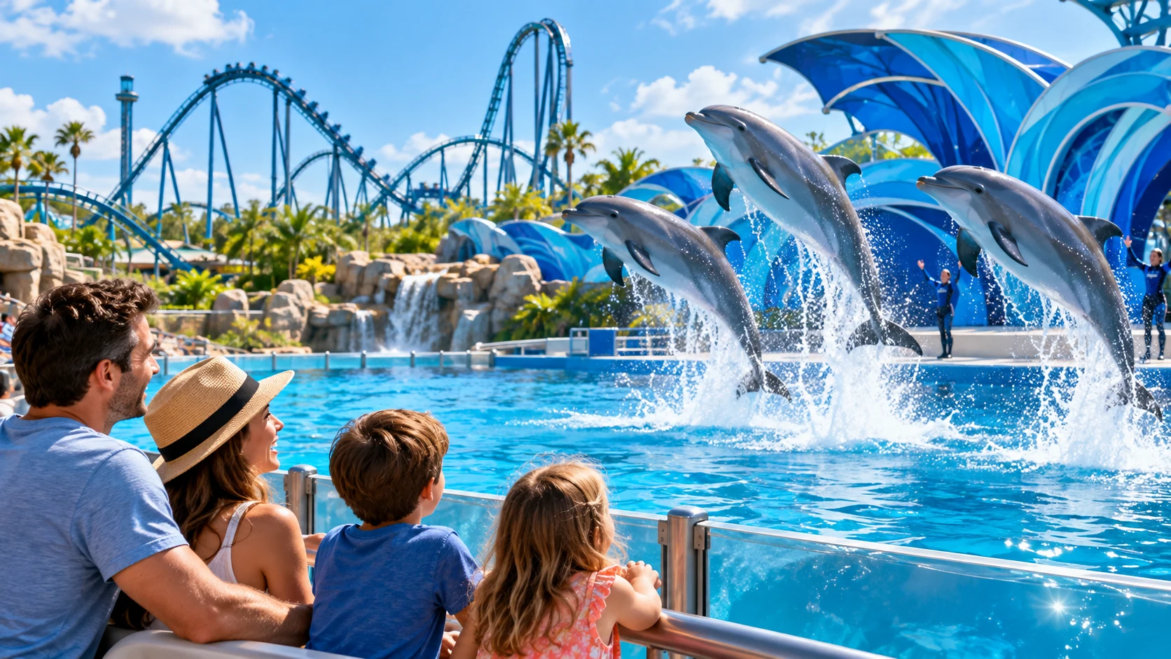 Marine park show atmosphere with dolphins and coaster backdrop. Editorial travel image — representative, not an official park photograph.